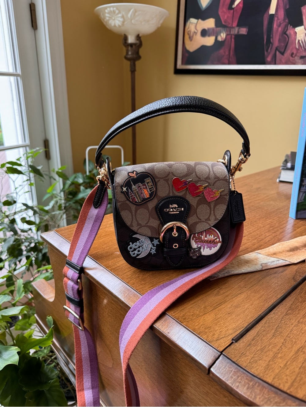 Coach Brown Signature Saddle Crossbody with Multicolor Pink-Purple Strap